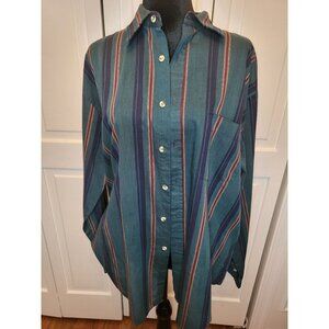 Men's Vintage 90's Hunter Green/Navy/Burgundy Striped Button Up L Preppy Retro